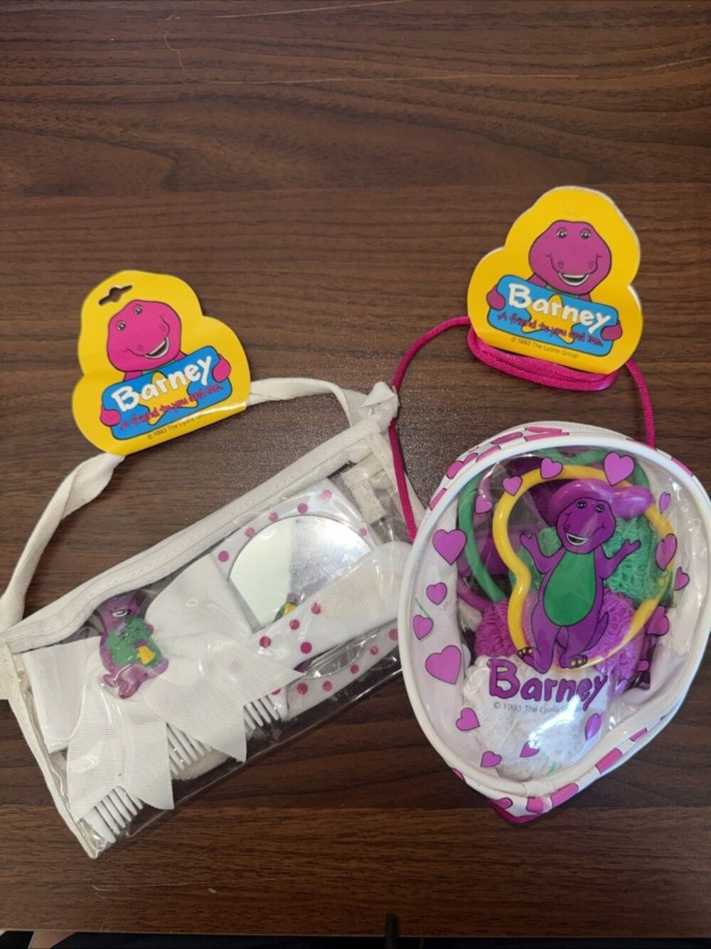 Vintage '93 Barney & Baby Bop Child’s Hand Mirror & Comb, Barrette Hair Ties NEW